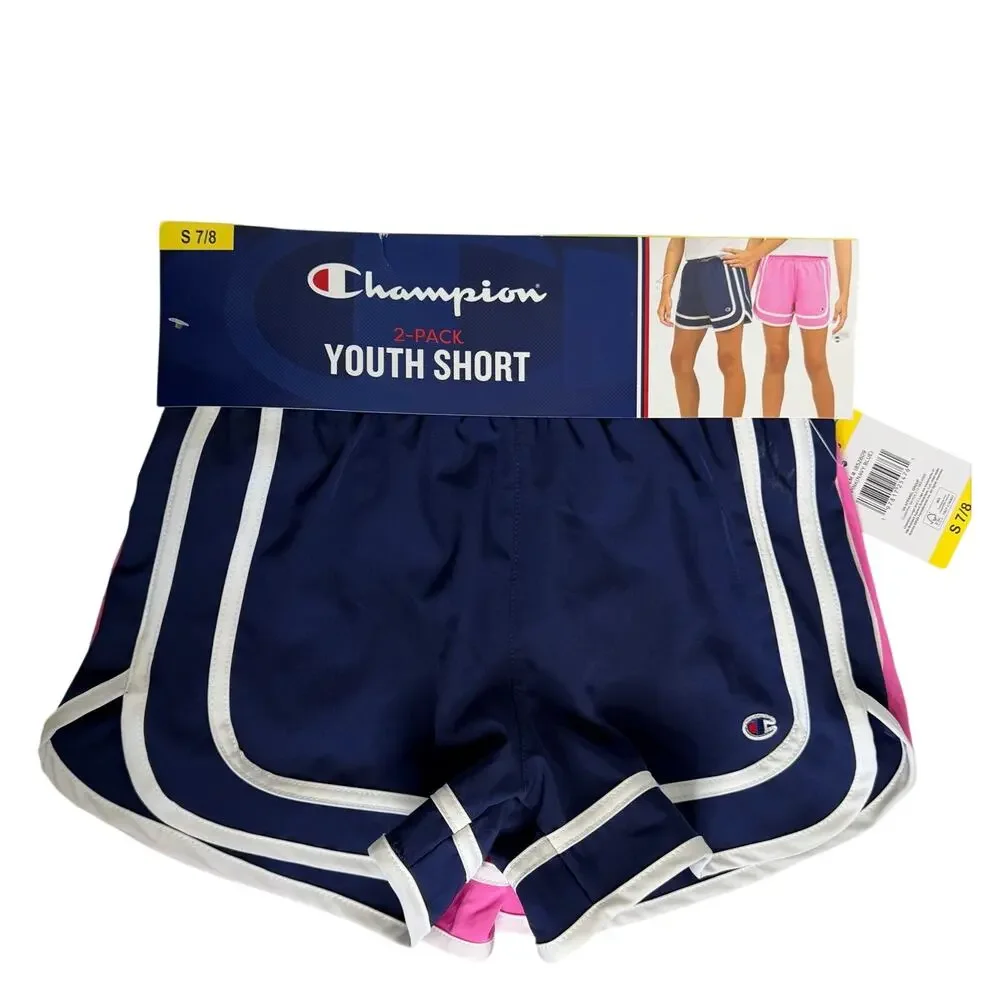 CHAMPION Youth 2-Pack Stripe Shorts Elastic Waist Pull-On Pink & Navy Size S 7/8
